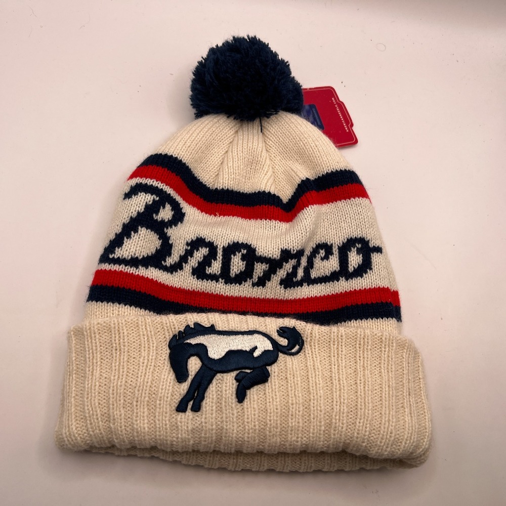 American Needle Ford Bronco Knit Beanie Hat Cream Navy Pom NWT